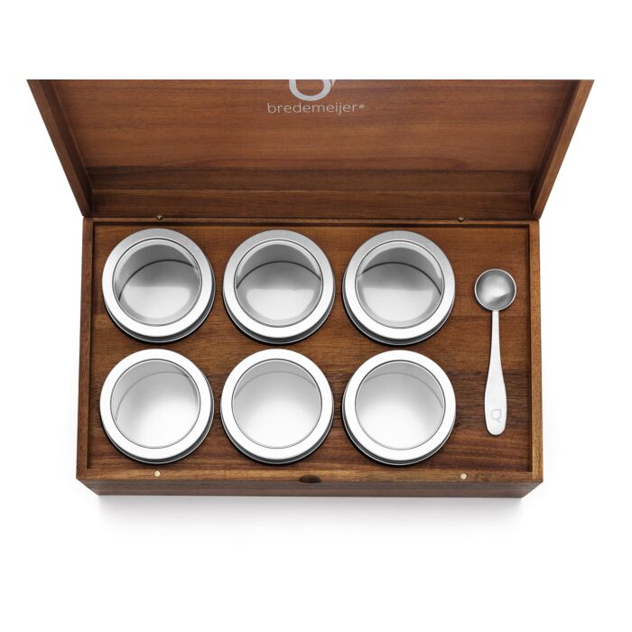 Theedoos - 6 ronde blikjes en maatschepje - Acacia